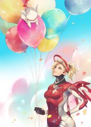 Rule 34 | 1girl, bad id, bad twitter id, balloon, black gloves, blonde hair, blue eyes, bodysuit, breasts, chibi, commentary request, eidgenossin mercy, genji (overwatch), gloves, hage2013, halo, hand on own hip, high ponytail, holding, holding balloon, looking at another, mechanical halo, mechanical wings, medium breasts, mercy (overwatch), nose, overwatch, overwatch 1, petals, ponytail, red bodysuit, smile, wings