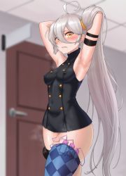 Rule 34 | 1girl, armpits, arms up, bad id, bad pixiv id, black dress, blue thighhighs, blurry, blurry background, blush, breasts, checkered clothes, checkered legwear, clenched teeth, cloel, covered erect nipples, covered navel, cowboy shot, depth of field, door, dress, drooling, girls&#039; frontline, hair between eyes, hands in hair, highres, humiliation, indoors, lips, long hair, looking at viewer, parted lips, pkp (girls&#039; frontline), pussy juice, saliva, sex toy, short dress, side ponytail, silver hair, single thighhigh, skin tight, sleeveless, sleeveless dress, small breasts, solo, steam, sweat, teeth, thighhighs, thighs, very long hair, vibrator, vibrator in thighhighs, walking, yellow eyes