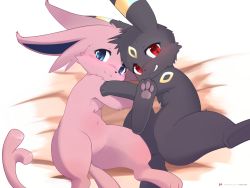 Rule 34 | :3, ancesra, animal focus, artist name, bed sheet, blue eyes, blush, closed mouth, creatures (company), espeon, game freak, gen 2 pokemon, grin, happy, highres, hug, legs up, looking at viewer, lying, nintendo, no humans, on back, patreon logo, patreon username, pawpads, pokemon, pokemon (creature), red eyes, sideways mouth, smile, split mouth, spread legs, teeth, umbreon, watermark, web address