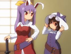 Rule 34 | 2girls, alternate costume, animal ears, belt, bow, brown belt, brown eyes, brown hair, closed mouth, commentary, cosplay, dress, eye contact, hair bow, hand on hilt, hand on own hip, hands on headwear, hat, hat bow, inaba tewi, long hair, long sleeves, looking at another, loose belt, multiple girls, ponytail, purple belt, purple bow, purple dress, purple hair, rabbit ears, red dress, red eyes, reisen udongein inaba, shirosato, short hair, single strap, touhou, watatsuki no toyohime, watatsuki no toyohime (cosplay), watatsuki no yorihime, watatsuki no yorihime (cosplay), white hat, yellow bow