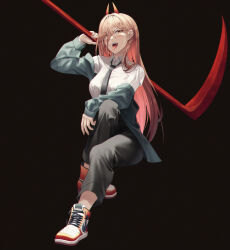 Rule 34 | 1girl, alpha beast, black background, black necktie, black pants, chainsaw man, collared shirt, commentary, demon girl, demon horns, eyes visible through hair, full body, hair between eyes, hand up, highres, holding, holding scythe, horns, knee up, long hair, looking at viewer, necktie, nose, orange eyes, orange hair, pants, power (chainsaw man), scythe, sharp teeth, shirt, shoes, simple background, sitting, sleeves past wrists, sneakers, solo, straight hair, teeth, tongue, tongue out, upper teeth only, v-shaped eyebrows, very long hair, white shirt