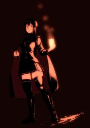 Rule 34 | 1girl, akitsu maru (kancolle), black cape, cape, closed mouth, embers, fire, full body, highres, holding, jacket, kantai collection, lantern, long sleeves, looking at viewer, pleated skirt, red background, shoes, short hair, simple background, skirt, solo, standing, thighhighs, yuuji (and), zettai ryouiki