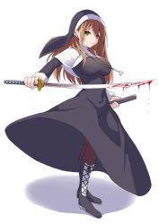Rule 34 | 1girl, black dress, black footwear, boots, breasts, brown eyes, brown hair, brown pantyhose, commentary request, creek (moon-sky), cross-laced footwear, dress, eyebrows hidden by hair, full body, habit, highres, holding, holding sheath, holding sword, holding weapon, katana, lace-up boots, large breasts, long hair, long sleeves, looking at viewer, nun, original, pantyhose, shadow, sheath, solo, standing, sword, unsheathed, veil, very long hair, weapon, white background