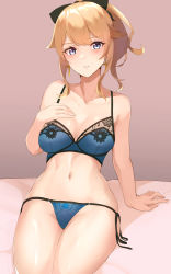 Rule 34 | 1girl, absurdres, arm support, bare arms, bare shoulders, black bow, blonde hair, blue bra, blue panties, blush, bow, bra, breasts, collarbone, commentary request, cross, cross earrings, earrings, genshin impact, grey eyes, hair bow, hand on own chest, haneramu, highres, jean (genshin impact), jewelry, looking at viewer, medium breasts, navel, panties, parted lips, short hair, side-tie panties, sitting, solo, stomach, thighs, underwear, underwear only