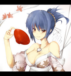 Rule 34 | 1girl, alternate costume, bad id, bad pixiv id, bare shoulders, blue hair, breasts, brown eyes, cleavage, cup, dress, ekuesu, female focus, floral print, hair ornament, highres, japanese clothes, jewelry, kimono, large breasts, letterboxed, looking at viewer, mirror, necklace, obi, off shoulder, pendant, pink dress, ponytail, sakazuki, sash, short hair, smile, solo, spilling, touhou, wide sleeves, yasaka kanako
