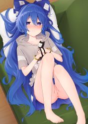 Rule 34 | 1girl, anus, bare legs, barefoot, blue bow, blue eyes, blue hair, blue skirt, blush, bow, bracelet, breasts, closed mouth, collarbone, commentary, couch, from above, frown, full body, grey hoodie, hair between eyes, hair bow, highres, holding, holding stuffed toy, hood, hoodie, indoors, jewelry, kanpa (campagne 9), knees up, lips, long hair, looking at viewer, lying, miniskirt, no panties, on back, on couch, pillow, pussy, short sleeves, skirt, small breasts, solo, stuffed animal, stuffed cat, stuffed toy, sweat, sweatdrop, touhou, uncensored, wooden floor, yorigami shion