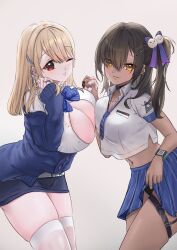 Rule 34 | 2girls, black bra, black collar, black panties, blonde hair, blue bow, blue bowtie, blue jacket, blue necktie, bow, bowtie, bra, bra visible through clothes, breasts, brown eyes, brown hair, claw ring, cleavage, closed mouth, clothes lift, collar, collared shirt, cropped shirt, dark-skinned female, dark skin, ear piercing, earrings, goddess of victory: nikke, hair ornament, hair tie, highres, holding hands, huge breasts, interlocked fingers, ithreeivyi3, jacket, jewelry, large breasts, long hair, looking at viewer, loose necktie, mole, mole under eye, multiple girls, multiple rings, naga (nikke), necklace, necktie, off-shoulder jacket, off shoulder, one eye closed, panties, partially unbuttoned, pencil skirt, piercing, pleated skirt, puffy sleeves, red eyes, ring, shirt, short sleeves, side ponytail, skirt, skirt lift, sleeves past wrists, smile, strap, striped necktie, tia (nikke), underwear, white shirt