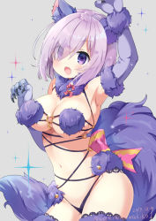 Rule 34 | 1girl, animal ears, arm up, black panties, breasts, cowboy shot, dated, elbow gloves, fate/grand order, fate (series), fur collar, fur trim, gloves, hair over one eye, halloween costume, large breasts, looking at viewer, mash kyrielight, mash kyrielight (dangerous beast), navel, neki (wakiko), o-ring, o-ring top, official alternate costume, open mouth, panties, purple eyes, purple gloves, purple hair, revealing clothes, short hair, smile, solo, tail, thighhighs, twitter username, underwear, wolf ears, wolf tail