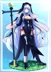 1girl absurdres blue_hair breasts cleavage cleavage_cutout clothing_cutout covered_navel green_eyes highres holding holding_staff large_breasts nun original pelvic_curtain seabread staff tagme