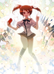 Rule 34 | 1girl, :d, akabane iori, blush, handheld game console, kneehighs, kyou ami!, light, open mouth, plaid, playstation portable, porurin (do-desho), red eyes, red hair, school uniform, smile, socks, solo, star (symbol), twintails