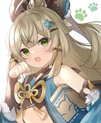 Rule 34 | 1girl, :d, animal ears, animal hands, bare shoulders, blush, box, cat paws, choker, fake animal ears, fang, genshin impact, green eyes, hair ornament, hairclip, highres, holding, holding box, kirara (genshin impact), long hair, looking at viewer, open mouth, paw pose, simple background, skin fang, smile, solo, star (symbol), star hair ornament, tassel, upper body, white background, x hair ornament, yuni (irohasuiroiro)