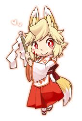 Rule 34 | 1girl, animal ear fluff, animal ears, bare shoulders, blonde hair, blush, bright pupils, brown footwear, chibi, closed mouth, clothing cutout, facial mark, female focus, fox ears, fox girl, fox tail, gohei, hakama, hands up, happy, heart, highres, holding, holding gohei, japanese clothes, kame (3t), kimono, long sleeves, looking at viewer, miko, obi, orange outline, orange trim, original, red eyes, red hakama, sandals, sash, shide, short hair, shoulder cutout, sidelocks, simple background, smile, socks, solo, split mouth, swept bangs, tabi, tail, two-handed, whisker markings, white background, white kimono, white pupils, white socks, wide sleeves, yhun-chan (kame (3t)), zouri