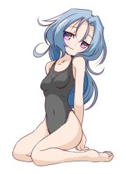 Rule 34 | 100 percent orange juice, 1girl, :3, bare shoulders, barefoot, black one-piece swimsuit, blue hair, breasts, collarbone, commentary, covered navel, hair between eyes, hands on floor, head on another&#039;s shoulder, highleg, highleg swimsuit, hono, long hair, medium breasts, messy hair, multicolored eyes, official art, one-piece swimsuit, parted bangs, seiza, simple background, sitting, smile, solo, star breaker (orange juice), suguri, swimsuit, thighs, white background