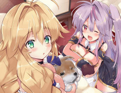 Rule 34 | 2girls, :o, ;d, azur lane, blonde hair, breasts, brown gloves, cleavage, detached collar, dog, gloves, green eyes, grenville (azur lane), streaked hair, large breasts, le temeraire (azur lane), long hair, multicolored hair, multiple girls, one eye closed, open mouth, pink hair, purple gloves, red eyes, smile, tonchinkan, very long hair