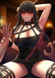 Rule 34 | 1boy, 1girl, arm up, armpits, black dress, black footwear, black hair, black panties, blood, blood on face, blurry, blurry background, boots, breasts, cleavage, closed mouth, dagger, dress, earrings, fino ko, girl on top, gold hairband, hair ornament, hairband, highres, holding another&#039;s wrist, jewelry, knife, large breasts, long hair, looking at viewer, panties, patreon username, pov, red eyes, solo focus, spy x family, stiletto (weapon), thigh boots, thighhighs, underwear, weapon, yor briar