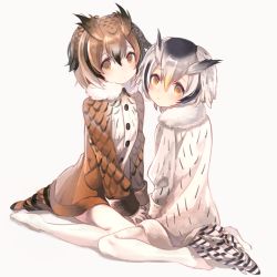 Rule 34 | 10s, 2girls, bad id, bad pixiv id, bird tail, brown coat, brown eyes, brown hair, buttons, coat, dutch angle, eurasian eagle owl (kemono friends), full body, fur-trimmed coat, fur trim, hair between eyes, head wings, kemono friends, long sleeves, looking at viewer, multicolored hair, multiple girls, northern white-faced owl (kemono friends), oro ponzu, pantyhose, silver hair, simple background, sitting, tail, wariza, white background, white coat, white legwear, wings
