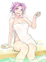 Rule 34 | 10s, 1girl, :d, blush, breasts, choko (cup), cleavage, cup, hair up, jun&#039;you (kancolle), kantai collection, large breasts, looking at viewer, naked towel, open mouth, partially submerged, purple eyes, purple hair, sitting, smile, soaking feet, solo, spiked hair, towel, water, yuuji (and)