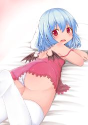 Rule 34 | 1girl, ass, babydoll, bad id, bad pixiv id, bat wings, blue hair, blush, fang, from behind, leg up, looking at viewer, looking back, lying, nyt (nagane), on stomach, open mouth, panties, pillow, pink eyes, remilia scarlet, see-through, solo, strap slip, thighhighs, touhou, underwear, white panties, white thighhighs, wings