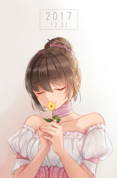 Rule 34 | 1girl, 2017, absurdres, bare shoulders, blush, breasts, brown hair, choker, closed eyes, collarbone, dated, dress, earrings, facing viewer, flower, gradient background, hair up, highres, holding, holding flower, jewelry, li dou, looking at viewer, medium breasts, original, puffy short sleeves, puffy sleeves, short sleeves, simple background, solo, upper body, white choker, white dress, yellow flower