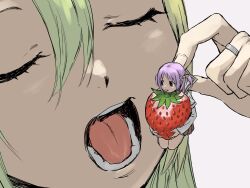Rule 34 | alina gray, carrying, closed eyes, food, fruit, goo ii, green hair, hair ornament, highres, jewelry, looking at another, magia record: mahou shoujo madoka magica gaiden, mahou shoujo madoka magica, medium hair, mini person, minigirl, misono karin, open mouth, parted bangs, purple eyes, purple hair, ring, sakae general school uniform, school uniform, simple background, star (symbol), star hair ornament, strawberry, two side up