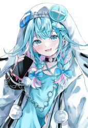 1girl aoi_h_y black_choker blue_eyes blue_hair blue_shirt blunt_bangs bow chain choker criss-cross_halter cross-laced_jacket ear_piercing fang flat_chest hair_bow hair_flaps hair_ornament hairpin halterneck highres holding holding_phone hololive hololive_dev_is hood hooded_jacket jacket long_sleeves looking_at_viewer low_twintails mizumiya_su o-ring o-ring_choker open_clothes open_jacket open_mouth phone piercing pink_streaks pom_pom_(clothes) shirt signature skin_fang solo stitches torn_clothes torn_shirt twintails virtual_youtuber white_background white_jacket x_hair_ornament