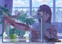 Rule 34 | 1girl, aquarium, day, expressionless, highres, indoors, jacket, laundry, long hair, original, plant, potted plant, squid, water, window, yk (tnkau)