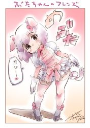 Rule 34 | 1girl, animal ears, black eyes, black footwear, commentary request, dated, full body, gloves, hair ornament, hairclip, japari symbol, kemono friends, leaning to the side, looking at viewer, neck ribbon, nyororiso (muyaa), pig (kemono friends), pig ears, pig tail, pink hair, pink ribbon, pink thighhighs, puffy short sleeves, puffy sleeves, ribbon, shoes, short hair, short sleeves, signature, skirt, smile, solo, standing, tail, thighhighs, translated, white gloves, white skirt, zettai ryouiki