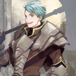 Rule 34 | 1boy, armor, axe, blue eyes, blue hair, caspar von bergliez, fire emblem, fire emblem: three houses, gloves, male focus, mikami, nintendo, open mouth, solo, teeth, upper body