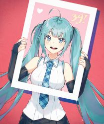 Rule 34 | 1girl, 39, :d, ahoge, aqua hair, bare shoulders, black skirt, blue eyes, blue necktie, blunt bangs, blush, breasts, bridal gauntlets, collared shirt, facing viewer, hatsune miku, heart, holding, long hair, medium breasts, nagu, necktie, open mouth, photo (object), plaid necktie, plaid neckwear, red background, round teeth, shirt, simple background, skirt, smile, solo, tareme, teeth, twintails, two-handed, upper body, very long hair, vocaloid, white shirt, wing collar
