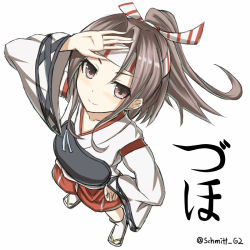 Rule 34 | &gt;:), 10s, 1girl, brown eyes, from above, grey hair, hachimaki, hand on forehead, hand on own hip, headband, japanese clothes, kantai collection, looking at viewer, muneate, ponytail, sandals, solo, twitter username, v-shaped eyebrows, white background, white legwear, wide sleeves, yakob labo, zuihou (kancolle)
