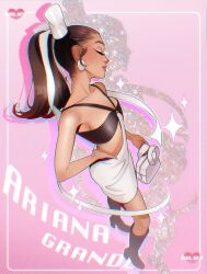 Rule 34 | 1girl, ariana grande, bag, bandeau, black bandeau, bow, breasts, brown hair, character name, closed eyes, collarbone, commentary, drop shadow, earrings, from above, hair behind ear, hair bow, handbag, head tilt, heart, highres, holding, holding bag, instagram username, jewelry, long hair, pink background, pirorin21century, ponytail, real life, ribbon, skirt, small breasts, solo, sparkle, symbol-only commentary, white bow, white eyeshadow, white ribbon, white skirt