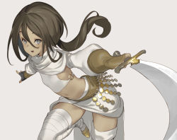 Rule 34 | 1girl, :d, bad id, bad twitter id, breasts, brown hair, dark-skinned female, dark skin, detached sleeves, fingerless gloves, floating hair, gloves, grey background, grey eyes, holding, holding sword, holding weapon, km yama, leaning forward, long hair, long sleeves, looking at viewer, midriff, navel, o-ring, o-ring top, open mouth, original, pink pupils, ponytail, puffy long sleeves, puffy sleeves, scarf, scimitar, simple background, small breasts, smile, solo, standing, standing on one leg, sword, weapon, white scarf