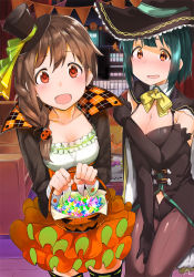 Rule 34 | 2girls, :d, black gloves, blush, bow, braid, breasts, brown hair, cape, cleavage, collar, couch, cowboy shot, crossover, dot nose, elbow gloves, embarrassed, frilled skirt, frills, gem, gloves, green hair, hair ornament, hair over shoulder, halloween, halloween bucket, hat, idolmaster, idolmaster (classic), idolmaster cinderella girls, indoors, jack-o&#039;-lantern, jack-o&#039;-lantern hair ornament, jacket, leotard, long sleeves, looking at viewer, mini hat, mole, mole under mouth, multiple girls, night, nose blush, open mouth, orange skirt, otonashi kotori, pantyhose, party, red eyes, senkawa chihiro, side braid, skirt, smile, thighhighs, window, wing collar, witch, witch hat, yanngoto