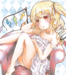 Rule 34 | 1girl, :o, alternate costume, argyle, argyle background, argyle clothes, arm behind head, bad id, bad pixiv id, bare legs, barefoot, blonde hair, blush, chair, collarbone, colored pencil (medium), dress, facing away, feet on chair, flandre scarlet, hair ribbon, head rest, head tilt, knees up, marker (medium), outline, painting (medium), potto, potto (minntochan), red eyes, ribbon, shikishi, short hair, side ponytail, sitting, solo, strap slip, sundress, touhou, traditional media, watercolor (medium), wings