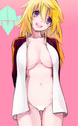 Rule 34 | 10s, 1girl, blonde hair, breasts, charlotte dunois, infinite stratos, jacket, large breasts, long hair, maebari, naked jacket, navel, nouko (ina39), open clothes, open shirt, pink theme, purple eyes, shirt, smile, solo, teeth, track jacket