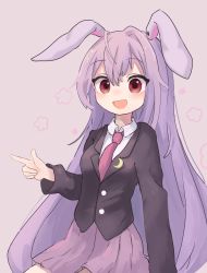 Rule 34 | 1girl, :d, ameshi (rzuw4482), animal ears, blazer, blush, breasts, collared shirt, cowboy shot, finger gun, grey background, hair between eyes, highres, jacket, long hair, looking at viewer, medium breasts, necktie, open mouth, pleated skirt, purple hair, purple skirt, rabbit ears, red eyes, red necktie, reisen udongein inaba, shirt, simple background, sitting, skirt, smile, solo, touhou, very long hair, white shirt