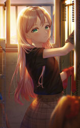 Rule 34 | 2girls, backlighting, bad id, bad pixiv id, bandaid, bandaid on arm, blurry, blurry foreground, blush, brown hair, brown skirt, closed mouth, depth of field, dotz, from side, green eyes, hair ornament, hair scrunchie, highres, indoors, locker, locker room, long hair, looking at another, looking at viewer, looking to the side, multiple girls, necktie, unworn necktie, original, pink hair, plaid, plaid skirt, pleated skirt, red neckwear, scrunchie, short sleeves, skirt, solo focus, straight hair, sunlight, window