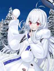 Rule 34 | 1girl, absurdres, antenna hair, artist request, azur lane, coat, crossed bangs, eyebrows hidden by hair, finger to mouth, fur coat, highres, long hair, outdoors, red eyes, snowball, solo, stremitelny (azur lane), tree, upper body, very long hair, white coat, white hair, winter, winter clothes