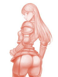 Rule 34 | 1girl, arm guards, armor, ass, boobplate, breastplate, breasts, closed mouth, cowboy shot, from behind, garter straps, legs apart, long hair, looking back, microskirt, minamoto80486, monochrome, no panties, pleated skirt, red theme, shoulder armor, simple background, skirt, small breasts, smile, solo, standing, straight hair, thighhighs, thighs, white background, wizardry