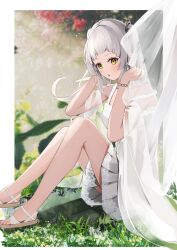 Rule 34 | 1girl, absurdres, alternate costume, armpits, black ribbon, blurry, blurry background, blush, border, bracelet, breasts, commentary request, dress, eyelashes, feet, flower, full body, gradient dress, grass, grey dress, grey hair, hair ribbon, hands up, head tilt, highres, hololive, jewelry, kirishe1101, knees up, lace trim, legs, long hair, looking at viewer, mixed-language commentary, murasaki shion, nail polish, open mouth, plant, pleated dress, ribbon, sandals, shadow, sidelocks, sitting, sleeveless, sleeveless dress, small breasts, solo, strap slip, thighs, toenail polish, toenails, toes, twintails, two side up, virtual youtuber, white border, white dress, yellow eyes