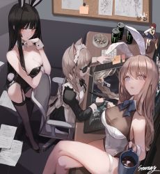 Rule 34 | 3girls, absurdres, animal ears, ashtray, bare shoulders, black hair, black thighhighs, blue eyes, blush, bow, bowtie, breasts, brown hair, bulletin board, cat ears, cellphone, chair, cigarette, cleavage, crossed legs, cup, detached collar, drawing tablet, highres, leotard, looking at viewer, maid headdress, monitor, monster energy, multiple girls, open mouth, original, phone, playboy bunny, rabbit ears, rabbit tail, seorang, sitting, sunglasses, tail, thighhighs, wrist cuffs