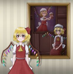Rule 34 | 1girl, ascot, dress, fang, fang out, flandre scarlet, fumo (doll), grummsed, hat, looking at viewer, painting (object), recurring image, touhou, white hat
