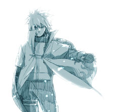 Rule 34 | 1boy, cape, flak jacket, jacket, looking at viewer, male focus, monochrome, namikaze minato, naruto, naruto (series), outstretched arm, solo, terragin