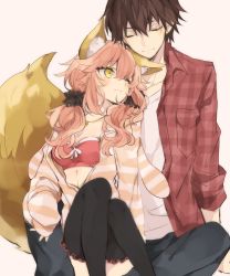 Rule 34 | 10s, 1boy, 1girl, alternate costume, animal ears, black legwear, blush, bow, bow bra, bra, breasts, brown hair, checkered clothes, checkered shirt, cleavage, closed eyes, collared shirt, eyebrows, fate/extra, fate/extra ccc, fate (series), fox ears, fox girl, fox tail, frilled legwear, frills, hair between eyes, hand on leg, head rest, hood, hoodie, jacket, jewelry, kishinami hakuno (male), leaning back, legs together, long hair, long sleeves, looking up, medium breasts, momiji (00mmj00), necklace, official alternate costume, one eye closed, open clothes, open hoodie, open jacket, open shirt, pants, pink hair, pink jacket, scrunchie, shirt, short hair, simple background, sitting, sitting on lap, sitting on person, sleeves past wrists, sleeves rolled up, smile, striped clothes, striped hoodie, striped jacket, t-shirt, tail, tamamo (fate), tamamo no mae (fate/extra), tamamo no mae (spring casual) (fate), twintails, underwear, v-neck, wavy hair, white bow, white shirt, yellow eyes