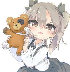 Rule 34 | 1girl, bandages, blush, boko (girls und panzer), bow, bowtie, brown eyes, brown hair, bruise, bruised eye, frilled skirt, frills, gingerbullet, girls und panzer, hair ribbon, highres, injury, long hair, long sleeves, looking at viewer, open mouth, ribbon, shimada arisu, side ponytail, simple background, skirt, smile, solo, stitches, stuffed animal, stuffed toy, suspender skirt, suspenders, teddy bear, tongue, toy, white background