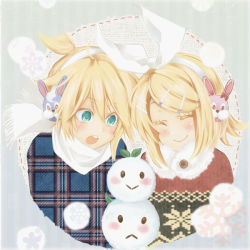 Rule 34 | 1boy, 1girl, :&gt;, :&lt;, bad id, bad pixiv id, blush, brother and sister, rabbit, casual, closed eyes, kagamine len, kagamine rin, mikipa, scarf, siblings, snow rabbit, twins, vocaloid