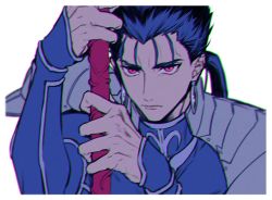 Rule 34 | 1boy, angry, blue hair, closed mouth, cu chulainn (fate), cu chulainn (fate/stay night), earrings, fate/stay night, fate (series), gae bolg (fate), holding, holding polearm, holding weapon, jewelry, long hair, looking at viewer, male focus, polearm, ponytail, red eyes, simple background, slit pupils, solo, spiked hair, uni (nico02), weapon