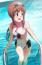 Rule 34 | 10s, 1girl, :d, bikini, breasts, brown hair, front-tie top, goggles, goggles on head, gradient background, idolmaster, idolmaster million live!, long hair, looking to the side, narumi nanami, open mouth, polka dot, polka dot bikini, polka dot swimsuit, pool, pool ladder, red eyes, side-tie bottom, smile, solo, swimsuit, tanaka kotoha, thigh gap, very long hair, wading, water, wet