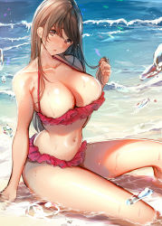 Rule 34 | 1girl, amane ruri, bare shoulders, beach, bikini, blush, breasts, brown eyes, brown hair, cleavage, collarbone, frilled bikini, frills, groin, head tilt, highres, knee up, large breasts, long hair, looking at viewer, navel, ocean, original, outdoors, parted lips, partially submerged, playing with own hair, red bikini, shiny skin, sidelocks, sitting, solo, stomach, swimsuit, thighs, water drop, wet