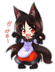 Rule 34 | 1girl, animal ear fluff, animal ears, animal hands, blush, brooch, brown hair, chibi, dress, fang, fox tail, full body, hands up, imaizumi kagerou, jewelry, kazami karasu, lavender dress, long hair, looking at viewer, multicolored clothes, multicolored dress, off-shoulder dress, off shoulder, open mouth, outline, paw pose, red dress, red eyes, simple background, solo, sweatdrop, tail, touhou, very long hair, white background